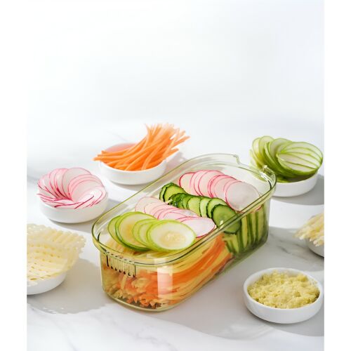 Feliator Multifunctional, KeepHome, 6 in 1, feliator pentru legume și fructe, 9 piese, mâner, lame din oțel inoxidabil, recipient de depozitare, protecție pentru mâini, ABS, 35x12x9.4 cm, verde