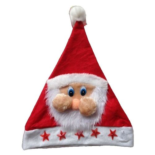 Mikulás sapka, KeepHome, Model 2 Mikulás piros csillagokkal, univerzális méret, textil anyag, 28 x 37 cm, fehér/piros