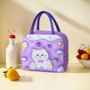 Geantă termică KeepHome de culoare mov cu design 3D cu pisică pentru copii, pe un fundal alb - Transportatori de alimente și băuturi