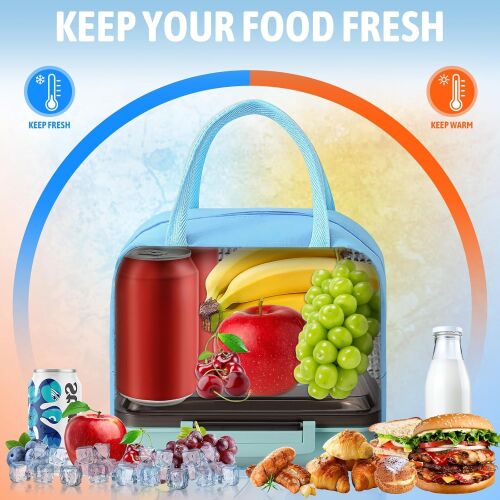Geantă de prânz izolată KeepHome, menține mâncarea proaspătă și caldă, albastră cu design de elefant