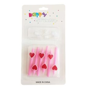 Set 6 Lumanari de Tort, KipHome, Model Creion cu Inimioare, 5.9 x 1.1 cm, din Ceara, Roz 114980998 - Decoratiuni pentru tort