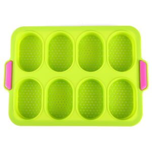 Formă de copt KeepHome din silicon, 8 forme ovale, pentru pâine și prăjituri, verde/roz, arată forma cu găuri pentru coacere uniformă - Forme de coacere