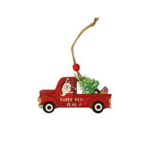 Fa karácsonyfadísz, piros Santa teherautó karácsonyfával és 'Happy New Year' felirattal, KeepHome márka - Szezonális dekoráció