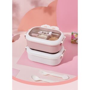 Cutie pentru prânz KeepHome cu două compartimente, model iepuraș, roz și alb, pentru copii și adulți, etanșă, perfectă pentru școală și birou - Caserole