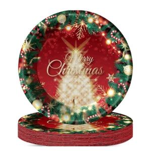 Set 16 Farfurii de Unica Folosinta, KipHome, Model Brad de Craciun Merry Christmas, Tematica Craciun, 23 cm, Rosu/Verde 114982423 - Fate de masa de petrecere