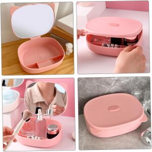 KeepHome Cutie Organizatoare cu Oglinda, rózsaszín kozmetikai tároló tükörrel, 4 rekeszes, kozmetikumokhoz és kiegészítőkhöz, ABS műanyagból, 17x13x6 cm, kollázs - Kozmetikai rendszerező