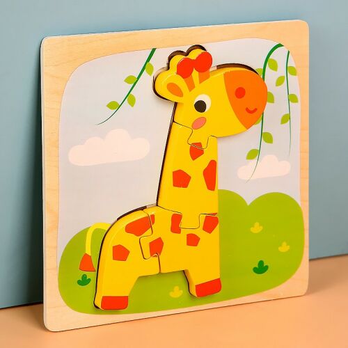 KeepHome Fa puzzle din lemn pentru copii, Girafa, 3D, 4 piese, Multicolor