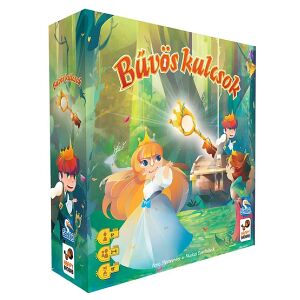 Bűvös Kulcsok társasjáték doboz, rajta egy hercegnő, aki egy arany kulcsot tart, egy herceg és egy láda - Gémklub