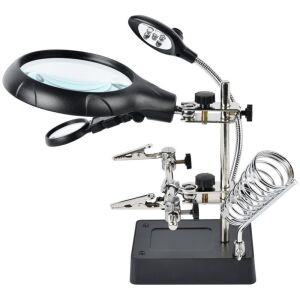 Лупа за маса с LED осветление, 2,5x, 7,5x, 10x увеличение, крокодилски скоби, USB кабел в комплекта, черен - Преглед на големи