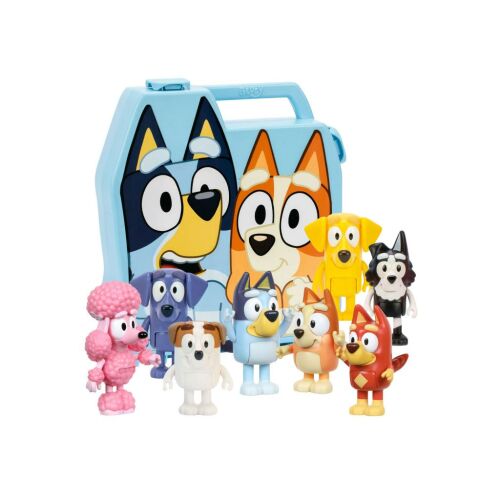 Bluey Play and Go gyűjtő bőrönd 8 figurával, a bőröndön Bluey és Bingo látható, tartalmaz 8 karaktert a Bluey rajzfilmsorozatból - Mesehős figura