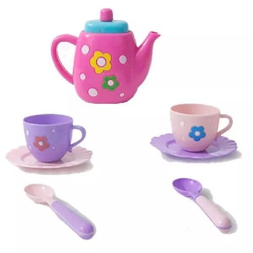 Manyuk Toys 686A Tea Set virágmintás teáskanna, csészék, alátétek és kanalak, rózsaszín és lila