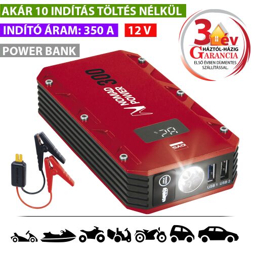 Nomad Power 300 lítiumion akkumulátoros indító, 350A indítóáram, 12V, piros, LED lámpával és USB portokkal