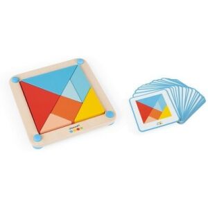 Janod Tangram puzzle összeszerelve fa keretben mintakártyákkal fehér háttéren. - Janod