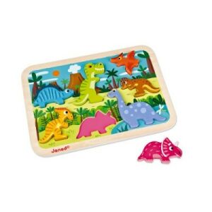 Janod Fa Dinoszaurusz Puzzle. Fa puzzle tábla dinoszaurusz figurákkal. Oktató játék gyerekeknek. - Janod