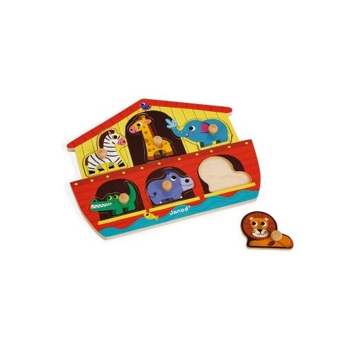 Janod Noé bárkája puzzle állat formákkal - zebra, zsiráf, elefánt, krokodil, víziló, oroszlán - Janod