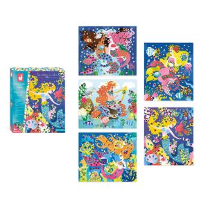 Janod Sellő Flitteres kreatív készlet: Doboz és öt kész sellő művészeti példa. - Janod