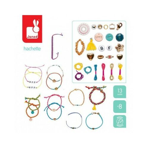 Janod Barátság Karkötő Készítő Készlet - Gyöngyöket, fonalakat és charmokat tartalmaz 13 egyedi karkötő készítéséhez.