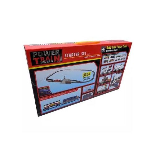 Ambalajul setului de pornire Power Train World. Set de tren de jucărie cu șine, locomotivă și vagoane de marfă.
