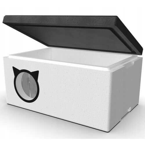 Open Chill Basic insulated cat house showing interior, black and white