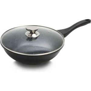 Royalty Line® BW28M Márvány Wokpan – 28 cm, 3,7L, Indukciós Kompatibilis, Üvegfedővel – Fekete