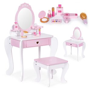 Ecotoys White and Pink Vanity Table Playset for Kids with Accessories - Vanity Table, Makeup Set, Fragrance