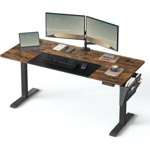 Songmics állítható magasságú íróasztal vintage barna és fekete színben, dupla monitorral, laptoppal és kiegészítőkkel. - SONGMICS