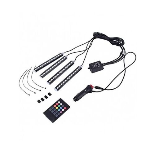 9-teiliges SMD RGB LED Dekoleuchten-Set mit Fernbedienung. Beinhaltet 4 LED-Streifen, ein Netzteil und eine Fernbedienung zum Ändern von Farbe und Modus.