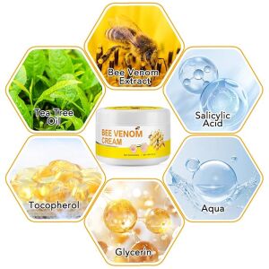 Ingrediente cremă cu venin de albine: extract de venin de albine, ulei de arbore de ceai, acid salicilic, tocoferol, glicerină, apă - Loțiune de corp