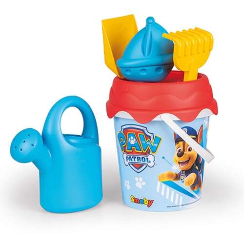 Smoby Paw Patrol beach bucket set with watering can, shovel, rake, sieve, and sand mold