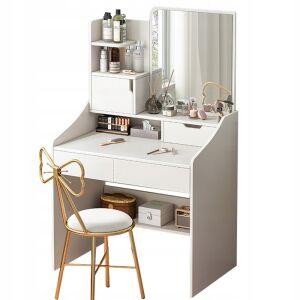 Măsuță de toaletă Fodym albă cu oglindă, sertare și rafturi - Mobiliere