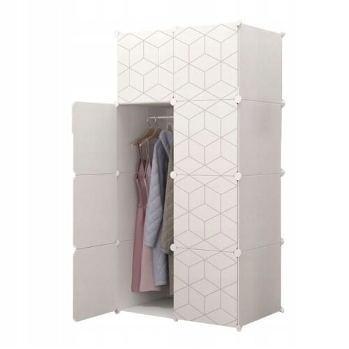 Fodym modularer Kleiderschrank mit geometrischem Design, weiß, offene Tür mit Kleidung