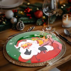 Zöld és piros karácsonyi tálca Santa Claus mintával, 33 cm - Kínáló tál