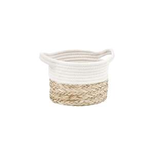 Fehér és natúr pamut fonat tároló kosár fülekkel, 18 cm átmérő - Tárolódoboz & kosár