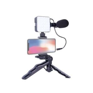 Kit complet de vlogging cu lumină LED, microfon, suport de telefon și trepied - Trepiede foto/video pentru telefoane/aparate