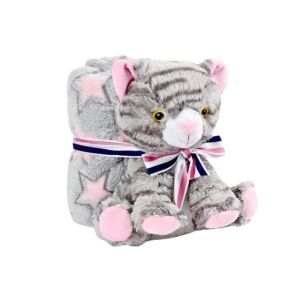 Комплект от плюшена котка и одеяло Perletti Toys, сиво и розово със звезди, 80x120 cm - Pléd