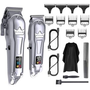 Set 2 Masini de Tuns Profesionale, Motor Puternic 7500 RPM, Afisaj LCD, 1-12 mm, Pentru Barba, Cap, Corp, Set Complet Accesorii, Argintiu