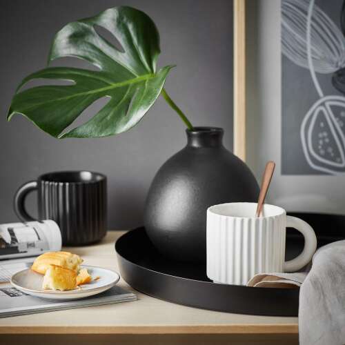 Fekete kerámia váza zöld növénnyel, otthoni dekoráció