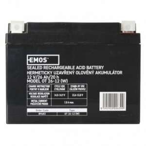 EMOS 12V 26Ah sealed lead acid battery, front view - Accumulator
