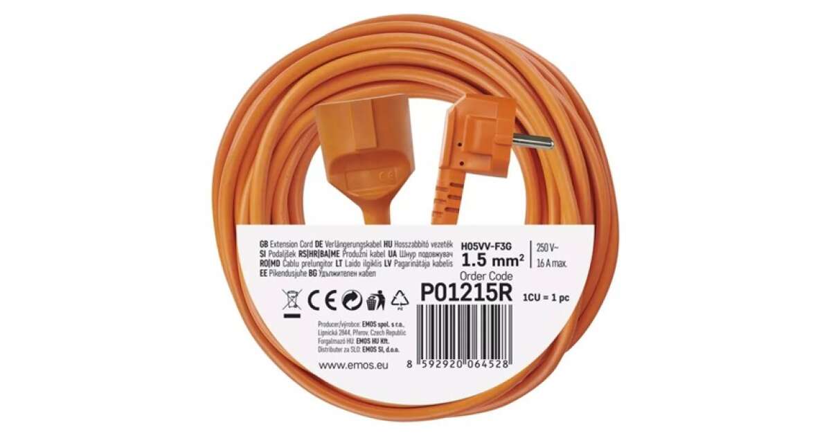 Extension cord 15 m / 1 socket / orange / PVC / 250 V / 1.5 mm2