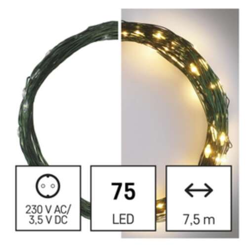 7.5 meter green wire LED string lights with 75 warm white LEDs, 230V AC/3.5V DC power adapter