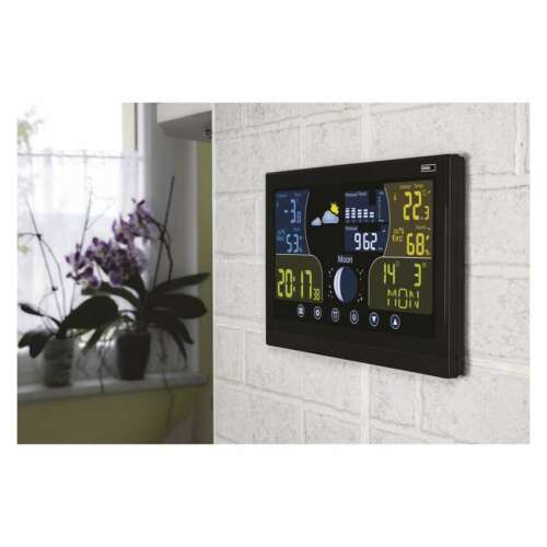 EMOS E6018 drahtlose Wetterstation mit großem Farbdisplay, das Innen- und Außentemperatur, Luftfeuchtigkeit, Luftdruck, Uhrzeit, Datum, Mondphase und Wettervorhersage anzeigt