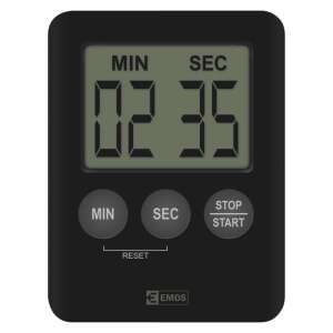EMOS Digital Kitchen Timer E0202, black, with display showing 02:35, showing minutes and seconds, with buttons for minutes, seconds, stop, start, and reset - EMOS