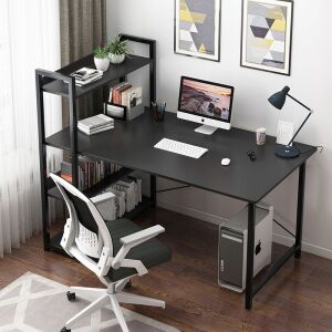 Birou modern negru pentru calculator cu bibliotecă, lățime de 120 cm, configurație de birou acasă - Fodym