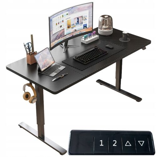 Fodym Elektrisch höhenverstellbarer Schreibtisch 140x60cm in Schwarz mit Monitor, Laptop und Zubehör