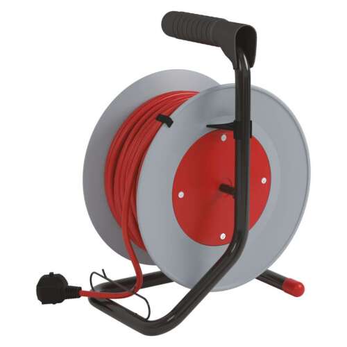 15 meter cable reel with 4 sockets, red cable, grey housing, Emos brand