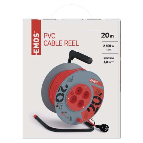 Tambur de cablu EMOS 20m cu 4 prize, cablu PVC roșu, 230V, 1mm2