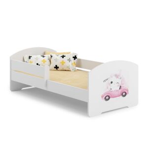 LUK gyerekágy 140x70 korlátokkal - KOT, fehér keret unikornis autó mintával - Ifjúsági ágy