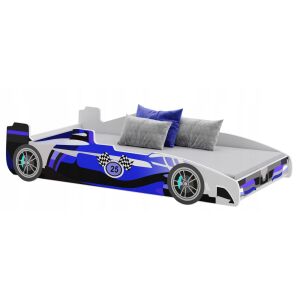 Łóżko dziecięce FORMULA w kształcie samochodu 160x80 cm, niebiesko-biały wzór samochodu wyścigowego - Stolik dziecięcy, krzesło, Wykonawca kuchni dla dzieci, Biurko dla młodzieży i Łóżko młodzieżowe