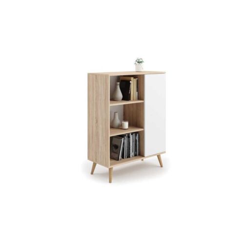 Fondi Bücherregal mit Holzbeinen, Eiche und weiße Ausführung, schräge Ansicht