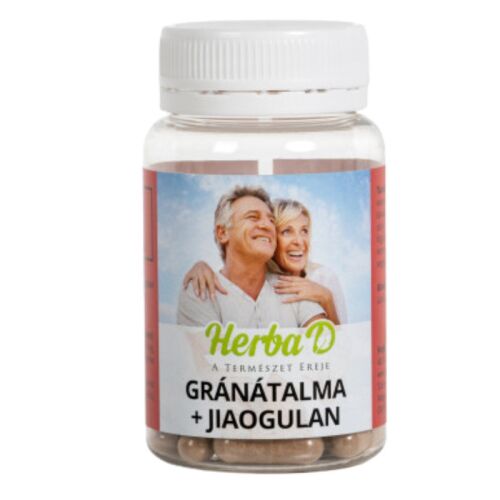 Közelkép a Herba-D Gránátalma és Jiaogulan kapszula üvegéről - Herba-D